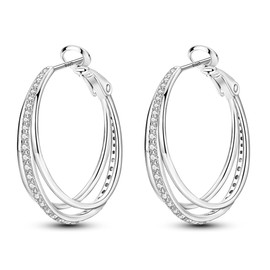 CYMYSS 925 Sterling Silver Hoop Earrings for Women, Large Trendy Triple Hoops Sparkly Cubic Zirconia Hypoallergenic Huggie Earrings Fashion Jewelry Gifts for Sensitive Ears - 30mm