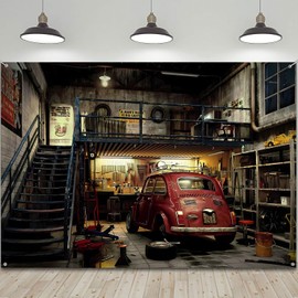 HANYING 10x7ft Vintage Garage Photo Backdrop Retro Repair Shop Classic Car Photographic Background Car Theme Mechanic Party Decor for Kids Children Portrait Party Photo Studio Props HY051DX
