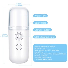 2 piezas Nano Facial Mister 30ml Mini Humidificador Facial Portátil Pulverizador Facial Portátil USB Recargable Práctica Máquina de Cuidado de la Piel para Hidratación facial, Maquillaje Diario (Blanco)