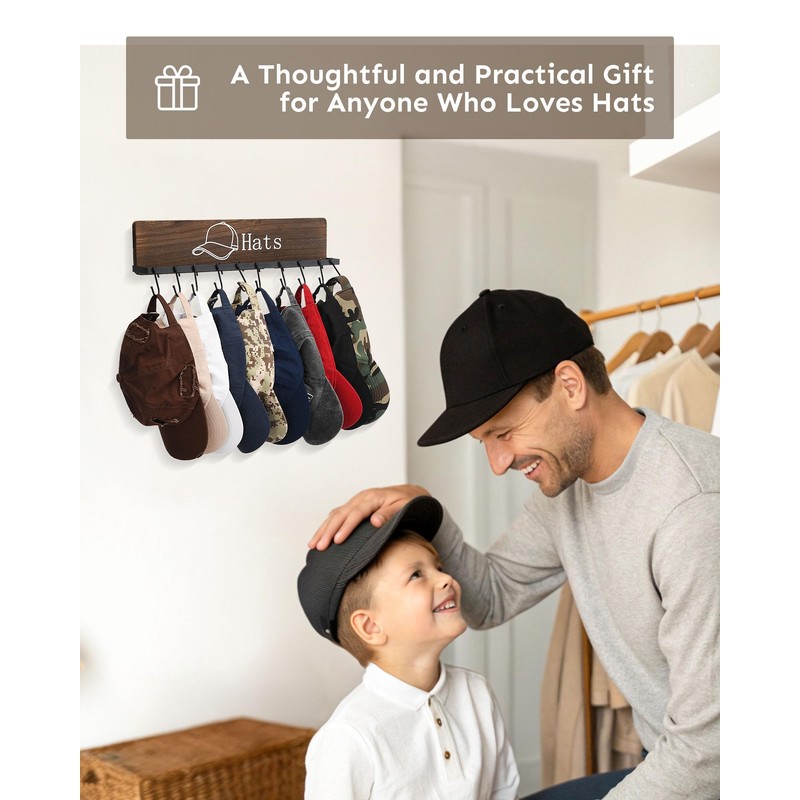 FANGSUN Hat Rack for Wall, Wooden Baseball Cap Organizer with
