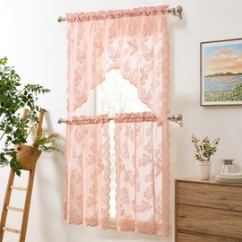 HLC.ME Butterfly Floral Lace - Sheer 3 Piece Kitchen Curtains Set, Light Filtering Transparent Window Swag Valance + 36 inch Tiers Set (Blush Pink)