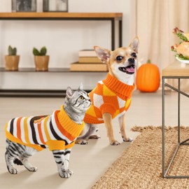 ShuRung 2PCS Puppy Thanksgiving Themed Sweater Cat Turtleneck Stripe Knitwear Turkey Football Pattern Outfits Dog Warm Plaid Clothes Sweater for Kitties Puppies S