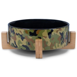 NAT & Jules Large Military Camo 8 inch Stoneware Ceramic and Wood Pet Bowl with Stand