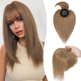 S-noilite Topper for Women Real Hair with Fringe 150% Density Toupee Hairpiece Real Hair Women's Hair Thickening for Thin Hair Mono Base 25 cm - 32 g #6 Light Brown