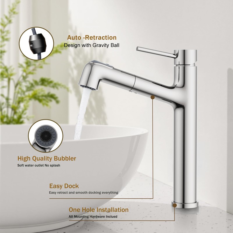 Vessel Sink Faucet with Pull Out Sprayer, Hurran Tall Bathroom