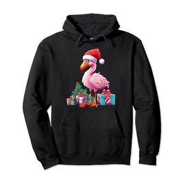 Flamingo Wearing Santa Hat Christmas Stuffed Animal Pullover Hoodie