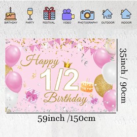 Happy 1/2 Birthday Backdrop Banner Party Decoration for Girls 6 Months Birthday Party Fabric Sign Poster, Pink Ballon and Banner Background Half 1 Year Birthday Party Supplies, 150x90cm