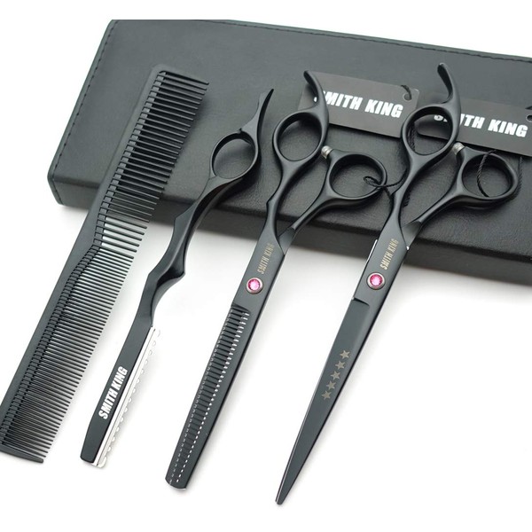 7.0 inch hair scissors set Hair cutting scissors & thinning scissors with razor combs in 1 set (Black)