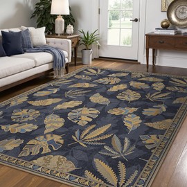 GENIMO 8x10 Area Rugs for Living Room, Machine Washable Non Slip Vintage Retro Rugs, Low Pile Soft Chenille Print Rug for Bedroom, Dining Room, Home Office, Leafy Twilight