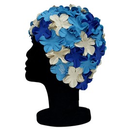 Blue Reef Isla Floral Ladies Classic Retro 3D Flower Petal 3 Colour Stylish Vintage Swimming Hat Swim Cap One Size Adults (Blue/Sky Blue/Off White)