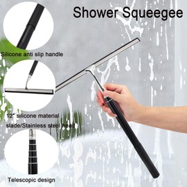 Window Squeegee with Long Handle, 12 Inch Wide Shower Squeegee with Extension Pole, Window Washing kit for Shower Glass Car Windshield Tile Floor (Silvery)