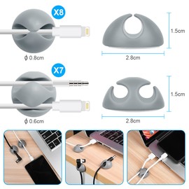 URAQT Cable Clips Holders, 15pcs Cable Clip Organizer Mini Cable Tidy Clips, Desktop Cord Holder Organiser, Charging Cord Cable Management for Home, Office, Car and Desk, Grey