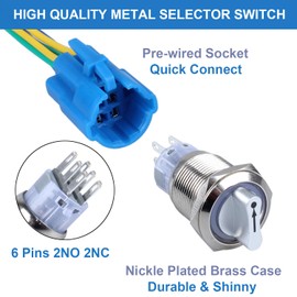 DMWD 19mm Latching Selector Rotary Switch 3 Positions 2NO 2NC 12-24VDC ON-Off Waterproof Anti-Vandal Metal Switch with Socket Without LED