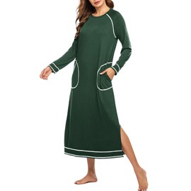 Ekouaer Women's Nightshirt Long Sleeve Nightgown Round Neck Sleepwear Full Length Pajama Dress with Pockets Loungewear S-XXL