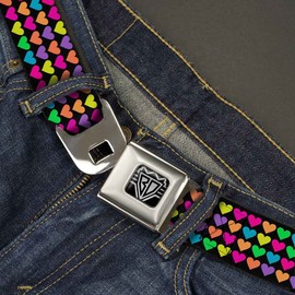 Buckle-Down Seatbelt Belt - Mini Hearts Black/Multi Neon - 1.5" Wide - 24-38 Inches in Length