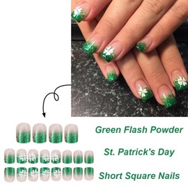 St. Patrick's Day Glitter Press on Nails Green French Tip Fake Nails with White Shamrock Designs Short Square False Nails Full Cover Sparkly Acrylic Nails Stick on Nails for Women Nail Art DIY 24 Pcs