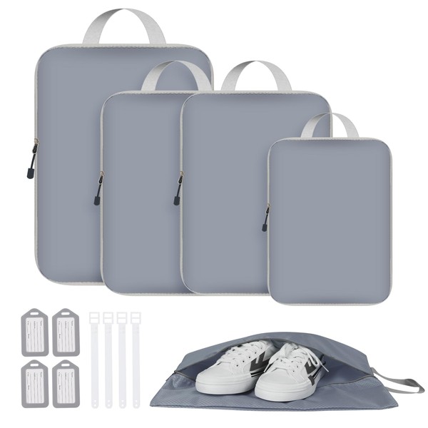 5 Set Compression Packing Cubes, Packing Cubes for Travel Expandable Packing Organizers Travel Cubes for Packing Luggage Organizers with 4 Luggage Cards Travel Accessories
