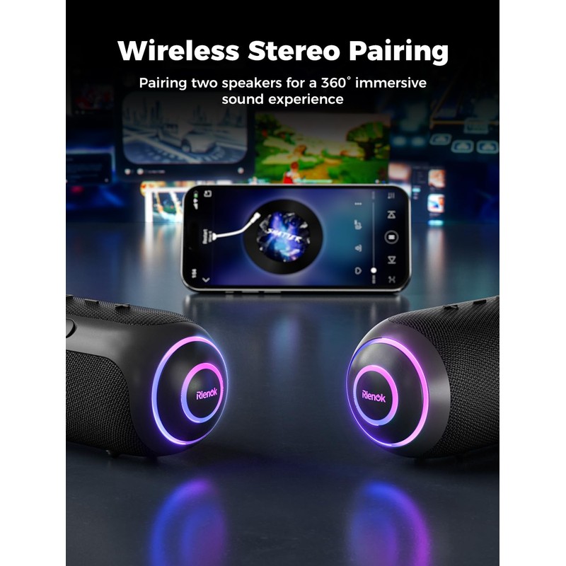 RIENOK Bluetooth Speaker 40W 5200mAh Wireless Portable Waterproof Speaker with