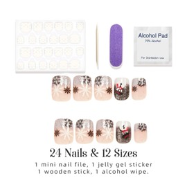 24 PCS Press on Nails Square Black Powder French Snowman Designs Winter Fake Nails Artificial Nude Full Cover Glue on False Nails Glossy Stick on Acrylic Nails for Women