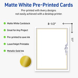 Avery Printable Full-Sheet Cardstock, Gold & Navy Border Florals, 8.5" x 11", Matte White Full-Sheet Cardstock, Laser/Inkjet, 10ct, Great Craft Paper
