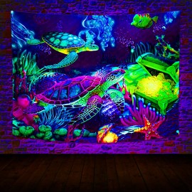 SHRAPHY Black Light Turtle Tapestry 80x60 Inches Trippy Marine Wildlife Tapestry UV Reactive Colored Plant Coral Tapestry Wall Hanging for Living Room and Bedroom YGTHYUH8