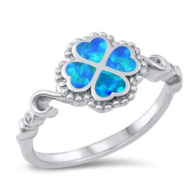 CloseoutWarehouse Blue Simulated Opal Beaded Four Leaf Clover Swirl Ring Sterling Silver Size 7