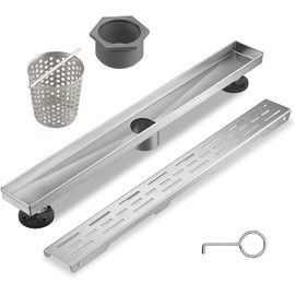 BAUNVB Linear Shower Drain, Brushed Nickel Shower Drain 24 Inch with Removable Grate, SUS-304 Stainless Steel Rectangle Floor Drain with Leveling Feet and Hair Strainer, Bathroom Modern Drain SD-101