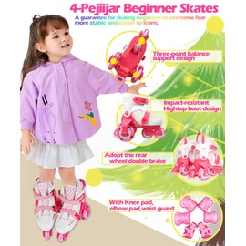 Kids Quad Roller Skate,Roller Skates for Girls Boys,with Adjustable Size&Double Brakes&Luminous Wheels&Protective Gear,3-Point Balance Roller Shoes for Beginners,for Indoor Outdoor (Lively Pink, S)