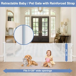 Reinforced 120 Inch Extra Wide Retractable Baby Gates Extra Wide Baby Gates for Large Openings 33 Inch Tall Retractable Dog Gate for The House 10ft Long Dog Gate Indoor Barrier with Reinforced Strips