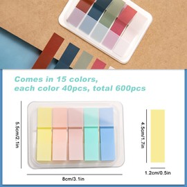 15 Colors Sticky Notes Tabs Pastel, File Tabs Flags Colored Page Markers Pop-up, Adhesive Index Tabs Stickers, Writable Book Tabs for Annotating Books, Notebooks, 600Pcs