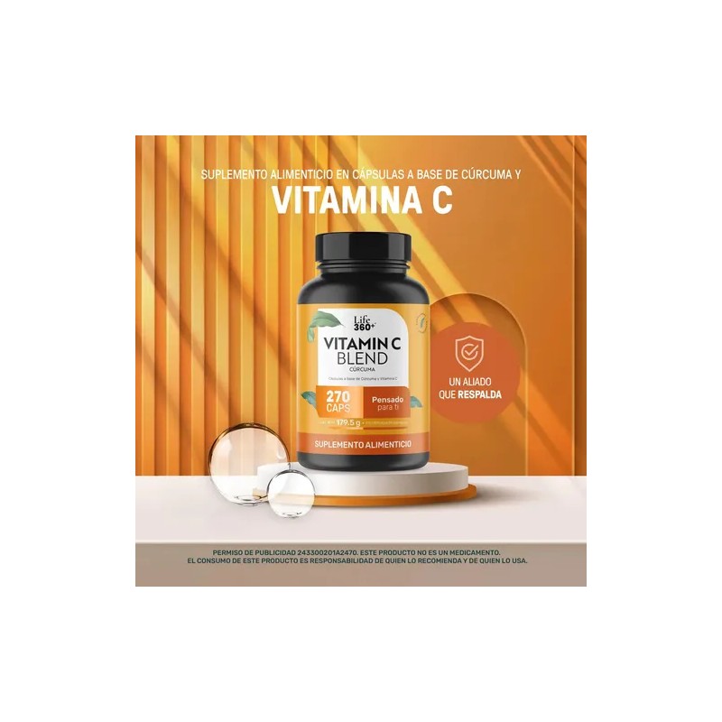 Vitamina C Life360+ Vit C+ Turmeric 270 Cápsulas Cúrcuma Sabor