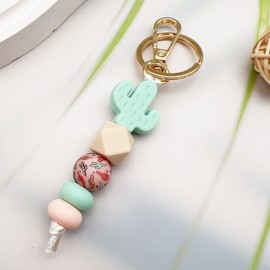 Phamines Silicone Beaded Wristlet Bracelet Keychain, Cute Cactus Beaded Bangle Elastic Keys Ring Holder Chains for Women Gift (Cactus Keychain)