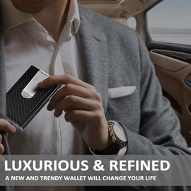 MOSIYEEF Slim Leather Card Holder RFID Wallet for Men - Minimalist Pop Up Men Wallet with Money Clip-wrapped Compact Carbon Fiber Wallet for 6 Credit Cards - Gifts for Him