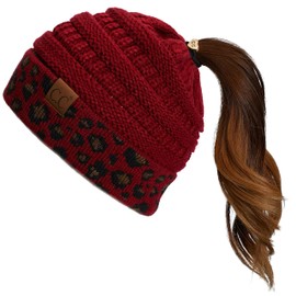 C.C Exclusives Solid Color Ribbed Beanie Ponytail hat with Leopard Pattern Cuff (MB-80) (Burgundy)