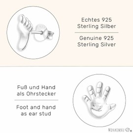 Monkimau Children's Earrings Hand and Foot Stud Earrings Made of 925 Sterling Silver, Sterling Silver