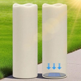 Eldnacele Large Solar Flameless Flickering Candles Outdoor Waterproof, Solar Powered Dusk to Dawn White Plastic LED Pillar Candles Garden Camping Lanterns Wedding Indoor Decor (2Pcs,4" D×14" H)