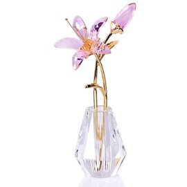 Crystal Tiger Lily Flowers with Crystal Vase Metal Stem Pink Lily Flower Collectible Gifts for Women, Glass Lilium Flower Artificial Floral Figurines for Home Wedding Party Decor
