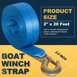 Boat Winch Strap with Hook 2" x 20' – 11,000 lbs Break Strength Heavy Duty Marine Winch Strap Replacement for Boat Trailer, Jet Ski, Pontoon & More, Quality Guaranteed (Blue)