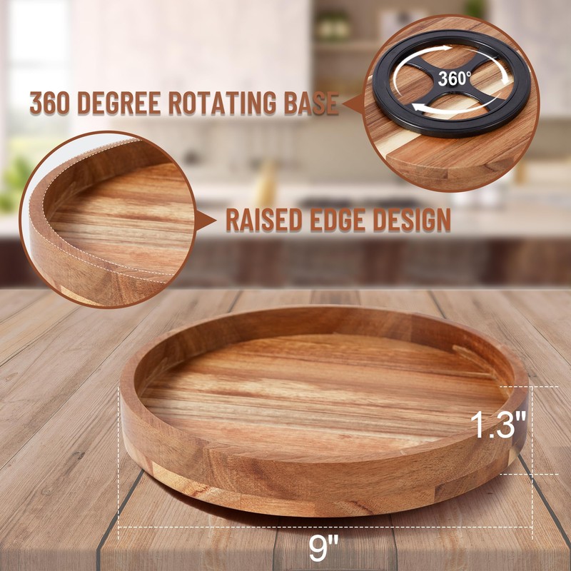9 Inch Acacia Wood Lazy Susan Organizer for Cabinet, Lazy