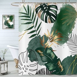 Hnmdmyi Shower Curtain Boho 180 x 200 cm, Abstract Green Tropical Leaves Bath Curtain Mid Century Modern Geometric Minimalist Aesthetic Art Waterproof Polyester Fabric Washable Bath Curtain