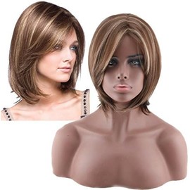Peluca Bob Corta Liso Marrón, Peluca de Cabello con Flequillo Lateral Sintético para Mujer Natural para Uso Diario