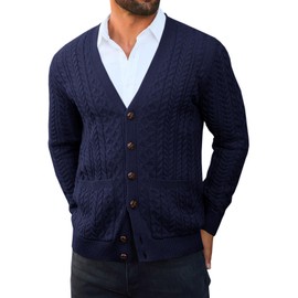 Runcati Mens Cardigan Sweater Casual Cable Knitted V Neck Button Down Winter Chunky Sweaters Navy