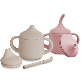JUGLUTE 2 Piezas Vaso Entrenador Bebe 120ml, Silicona de Calidad Alimentari, Vaso con Popote para Bebe, Tapa Duckbill Extra Cup, Líquidos Antiderrame