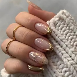 Gold French Tip Press on Nails Short Almond Fake Nails Gold Foil Nails Press ons with Designs Acrylic Nails Full Cover Glossy Glue on Nails Artificial Stick on Nails for Women Nail Decorations 24 Pcs