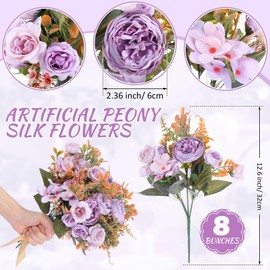 Crowye 8 Pieces Peonies Artificial Flowers Bouquet Fake Hydrangea Flower Bulk Rose Flowers Centerpieces Arrangement Fall Flowers for Wedding Party Home Women Decoration Mother's Gift (Purple)