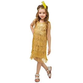 20s Flapper Dresses for Girls Fringed Dresses with Feather Headband Latin Dance Dress Tassels Flapper Costume Kids Fringe Flapper Dresses 1920s Gatsby Salsa Ballroom Costume Dancewear Gold 10-12 Years
