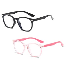 Onperpoe 2 Pcs Blue Light Blocking Glasses for Kids, Anti Eyes Strain Gaming Computer TV Glasses, Kids Glasses with Clear Lenses, Anti UV Glare Glasses with Blue Light Filter (Black,Pink)