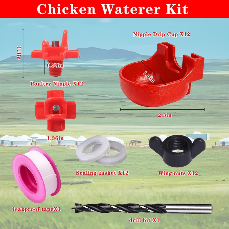 12 Pcs Horizontal Chicken Waterer Nipples with Cups, Leak Proof