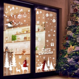 AnyDesign 9 Sheet Christmas Window Clings White Xmas Tree Snowflake Reindeer Window Decals Double-Sided Merry Christmas Window Decor for Xmas Winter Home School Office Decoration Party Supplies