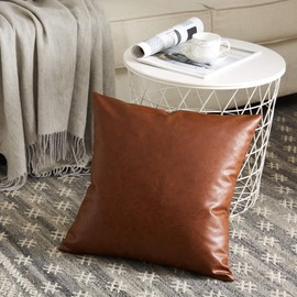 Fancy Homi Faux Leather Boho Decorative Throw Pillow Covers, Thick Modern Solid Square Cushion Case Set for Couch Sofa Bedroom Car Living Room (18x18 Inch/45x45 cm, Cognac Brown)